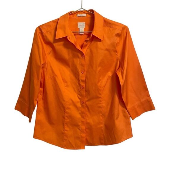 Chico's No Iron Orange Quarter Sleeve Button Down Shirt Size Small - Picture 1 of 8